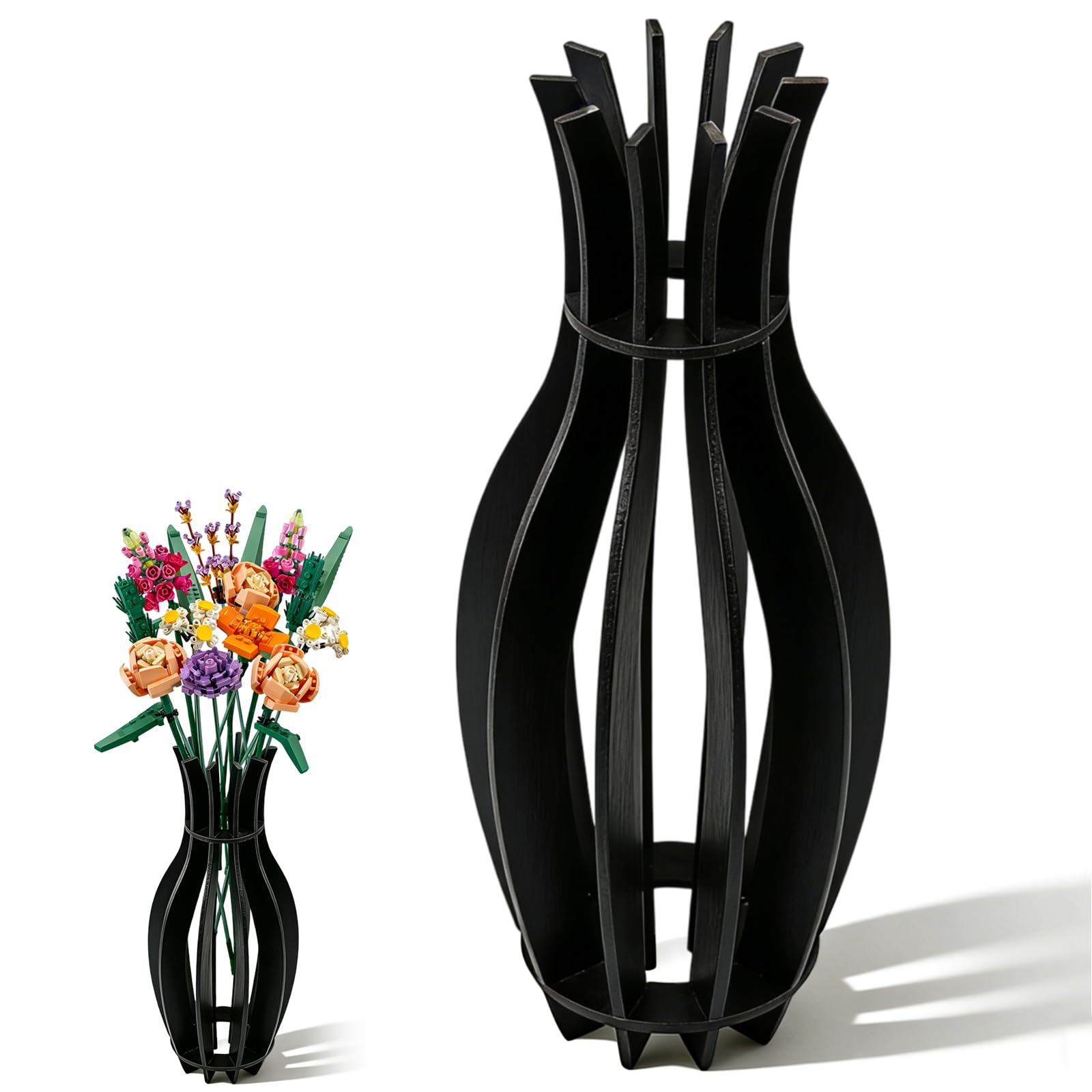 Vase for Lego Flowers Bouquet, Wooden Black Vase Puzzle Vases Bouquet Stand for Lego Roses, Cherry Blossoms, Sunflowers, Tulips, Daffodils Display, Gift for Flower Lovers