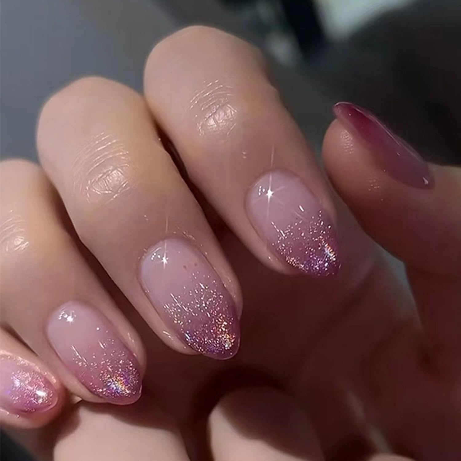 Kriga 24 Reusable Artificial Fake Nail Set| Peach Color With Purple Glitter Design Glossy Nails| Lightweight & Long Lasting| Quick Fix For Festivals & Special Occasions