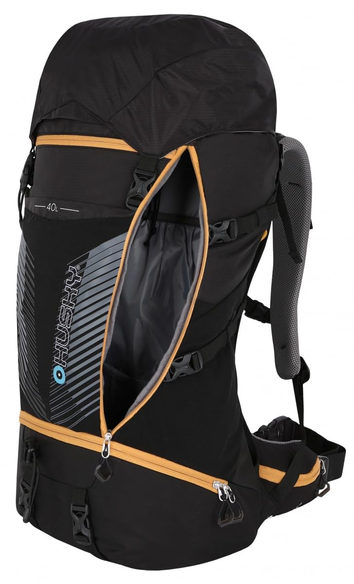 Husky Mochila de 40 l, ligera, resistente e impermeable, con mucho espacio de almacenamiento, sistema de confort y funda para lluvia para senderismo, senderismo y viajes, Negro , 40L, Para exteriores