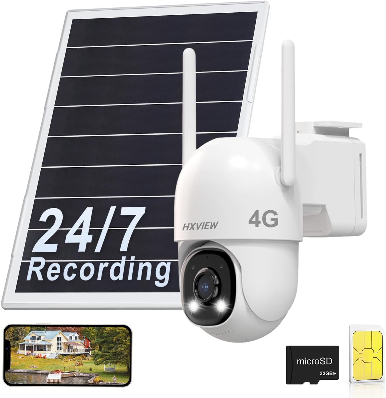 4G LTE Solar Cellular Security Camera Outdoor Wireless, 24/7 Continuous Recording, Auto Tracking, AI Detection, 15000mAh Battery and 8W Solar Panel, with SIM Card and 32GB SD Card, No WiFi