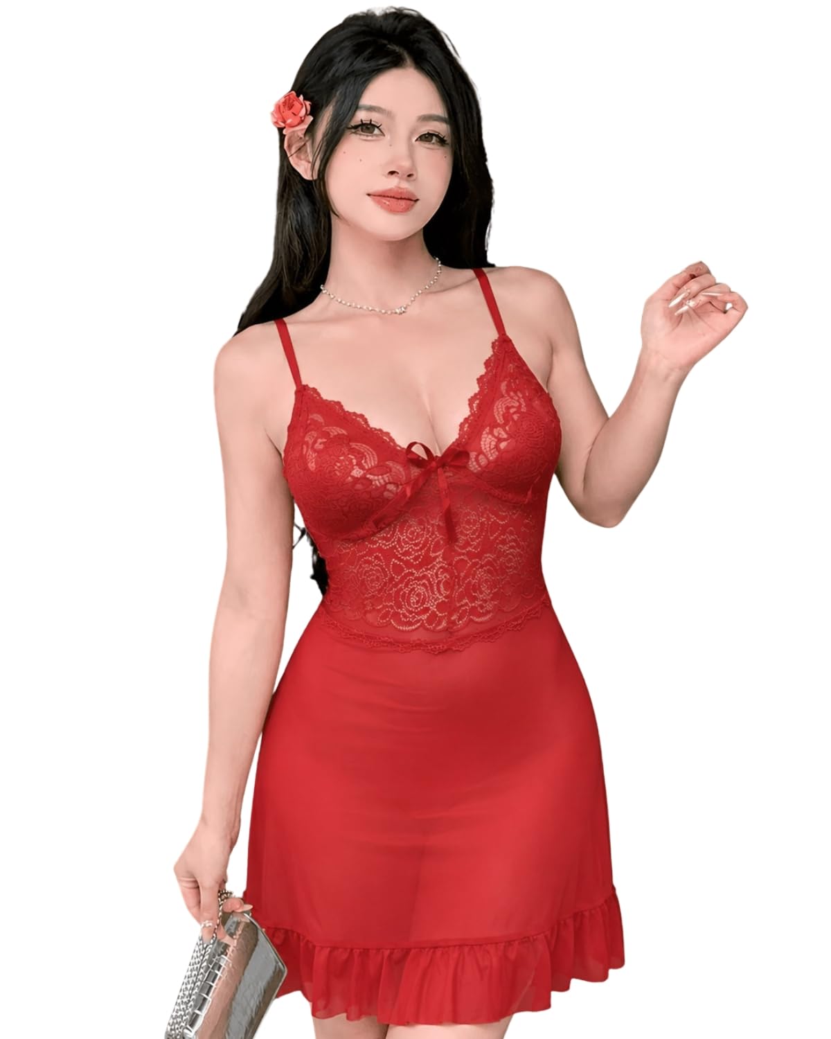 LUXZII Women's Lace Babydoll Nightdress with G-String Panty | Sheer Net Lingerie Dress | Deep V Neck | Adjustable Straps | Romantic Honeymoon Sleepwear, Bridal Nightwear for Women-picture-36