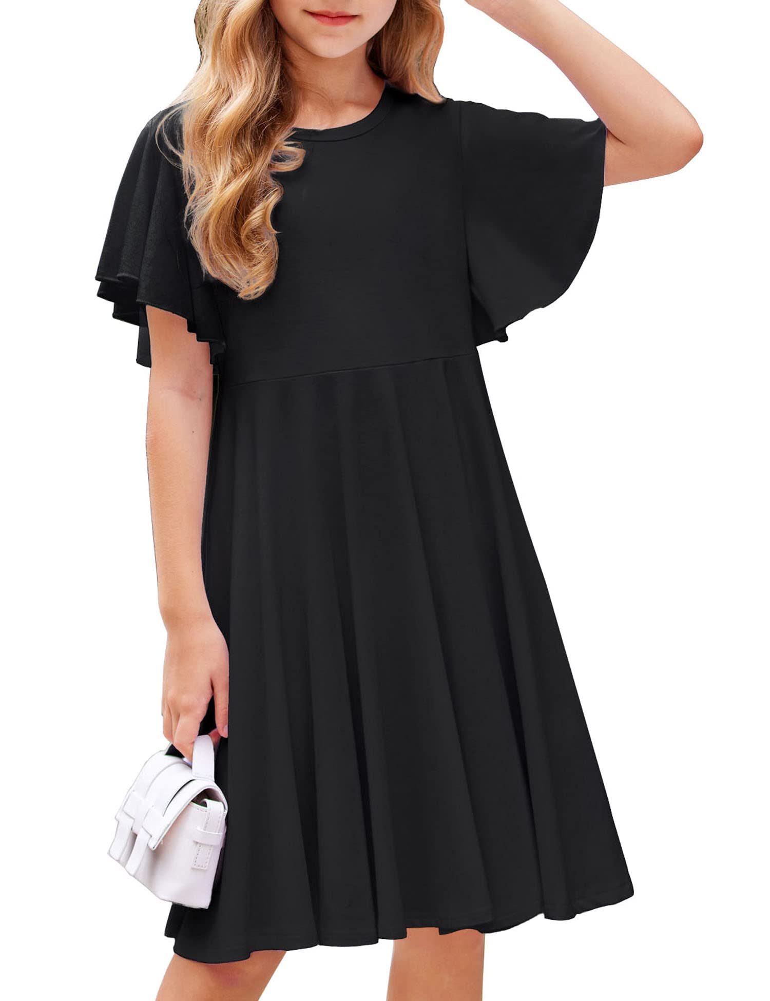 ArshinerGirl's Summer Dresses Ruffle Short Sleeve Swing Flowy Midi Casual Sundress with Pockets