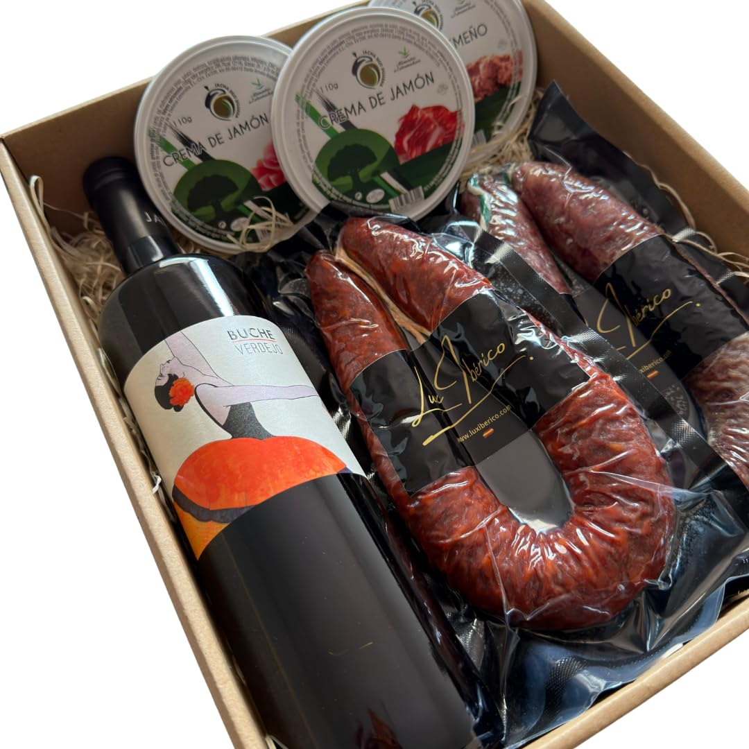 Cesta Gourmet Trajano - Vino Blanco Verdejo, Patés y Embutido | Vino blanco Verdejo, chorizo y salchichón ibérico y tres patés extremeños. Aperitivo con vino listo para regalar.