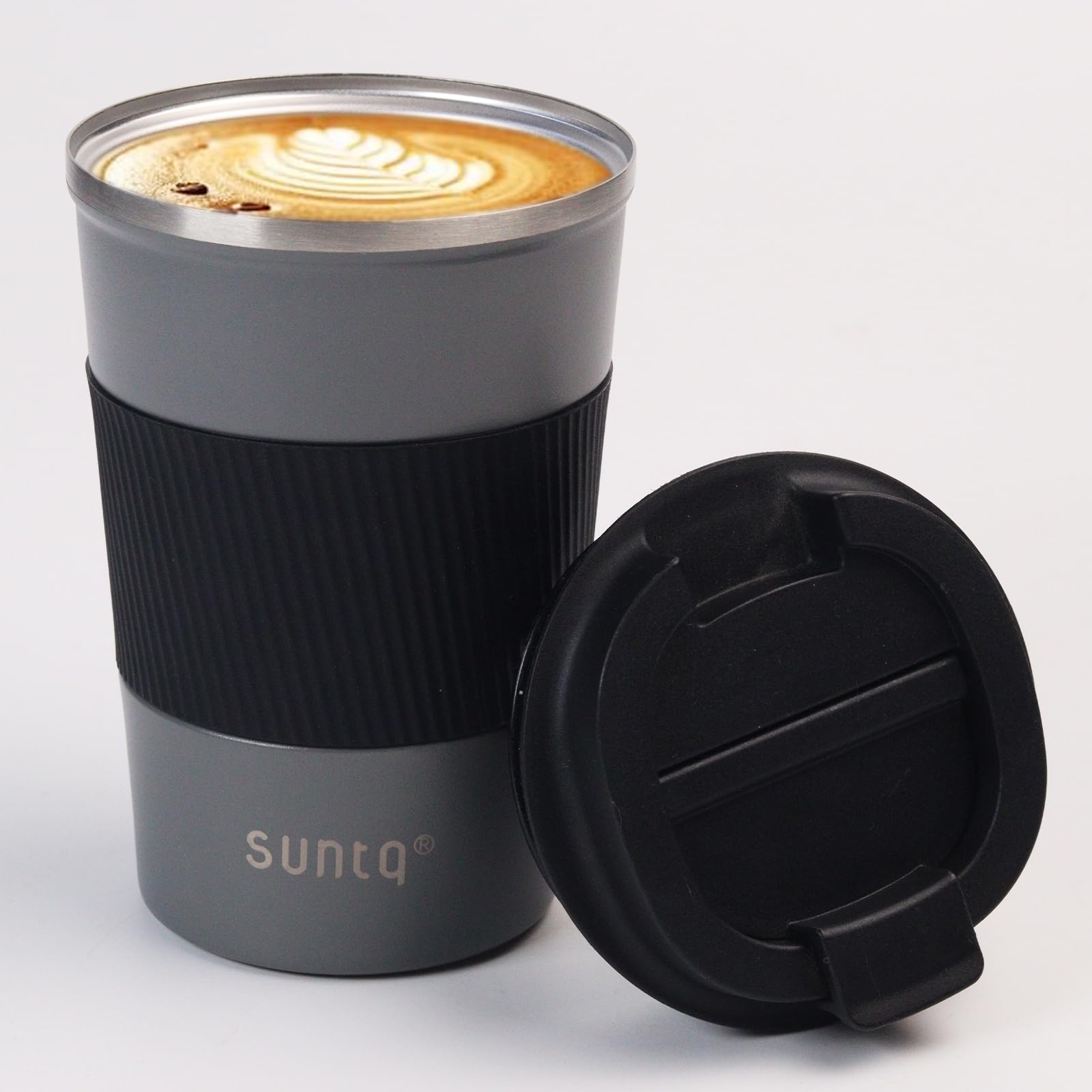 SUNTQ Kaffeebecher to go Thermo aus Edelstahl - Thermobecher mit Gummierte Manschette Doppelwand Isoliert - Kaffeetasse mit Auslaufsicherem Deckel Wiederverwendbar