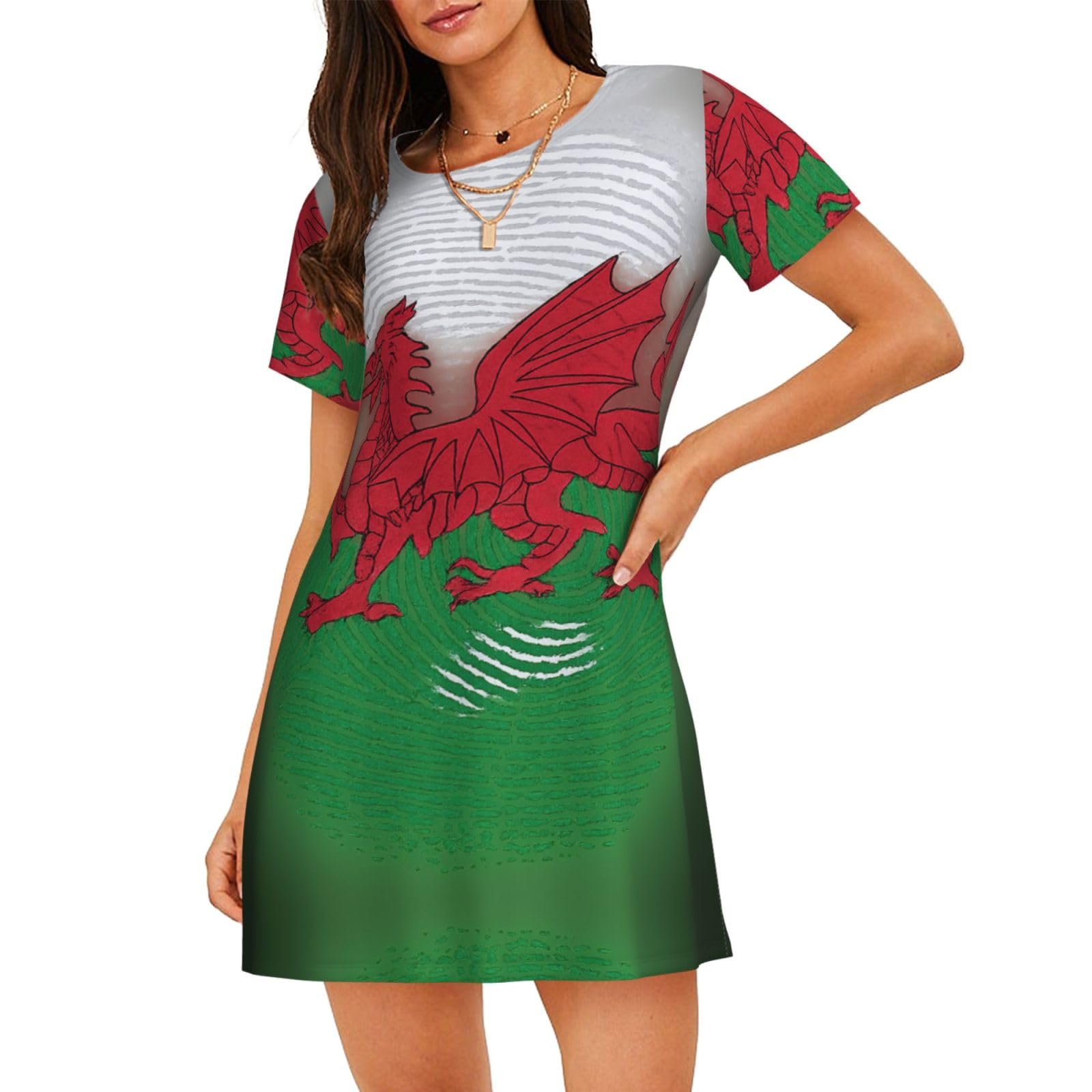 Uvbdf Women's Black Welsh Dragon Short Sleeved Nightshirts, Loose Round-Neck Sleepwear Pajama Dress
