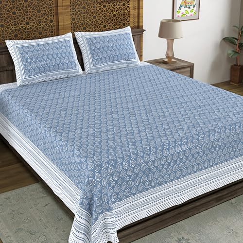 Image of BLOCKS OF INDIA Hand Block Printed 200 TC Cotton Super King Size Bedsheet (Blue DOT)