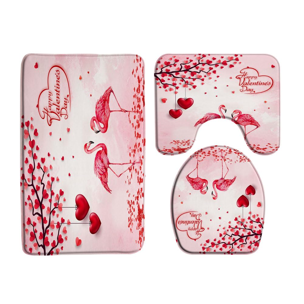 VPUPCN Valentine's Day 3 Pcs Bath Rugs Set,Pink Flamingo Love Heart Tree Romantic Sweet Couple Woman Girls Bathroom Kitchen Rug with 17.8