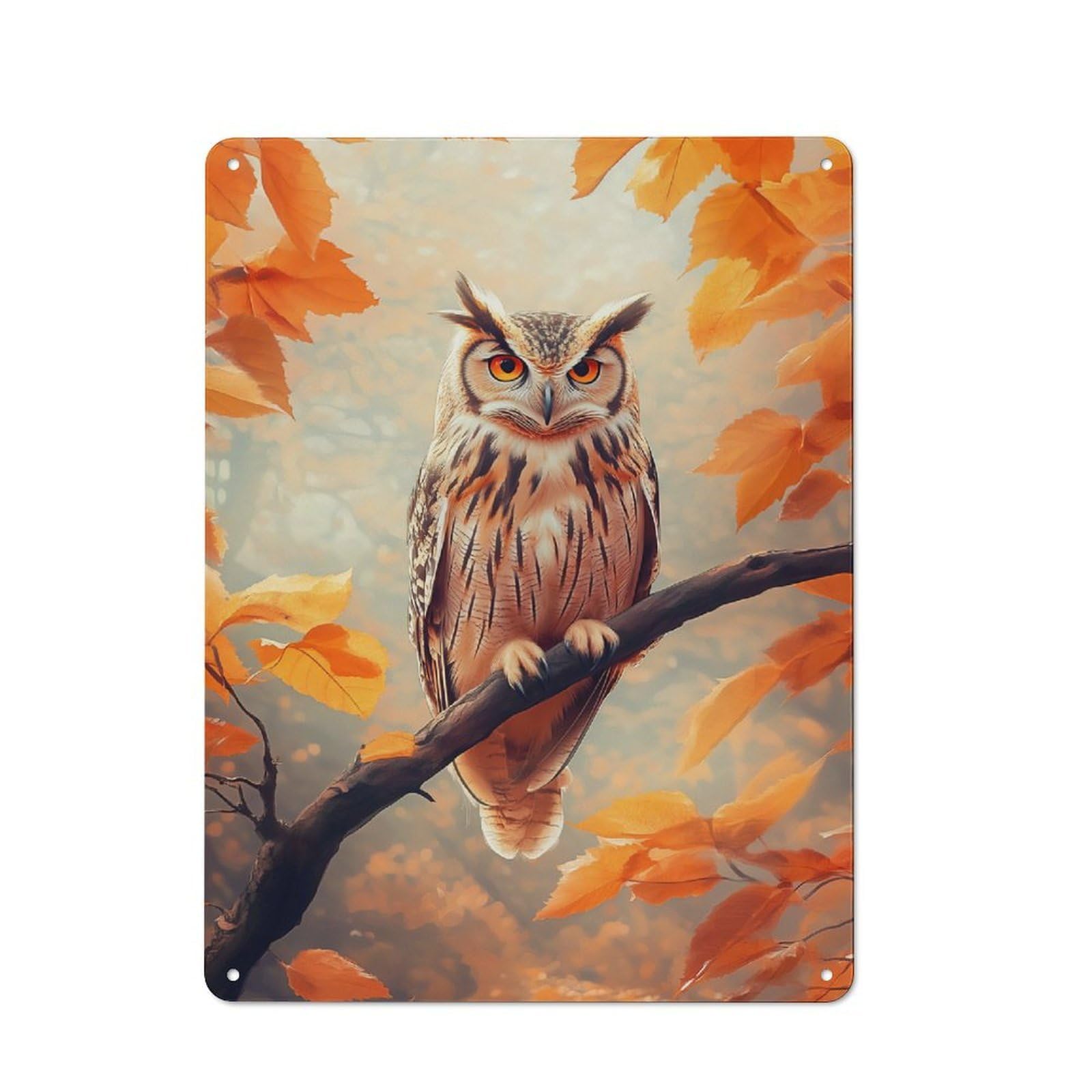 Country Metal Sign with Owl Perched on Branch in Autumn Design 40x30cm, Barn Style Farmhouse Wall Decor for Farmhouse Kitchen, Pantry Or Dining Area