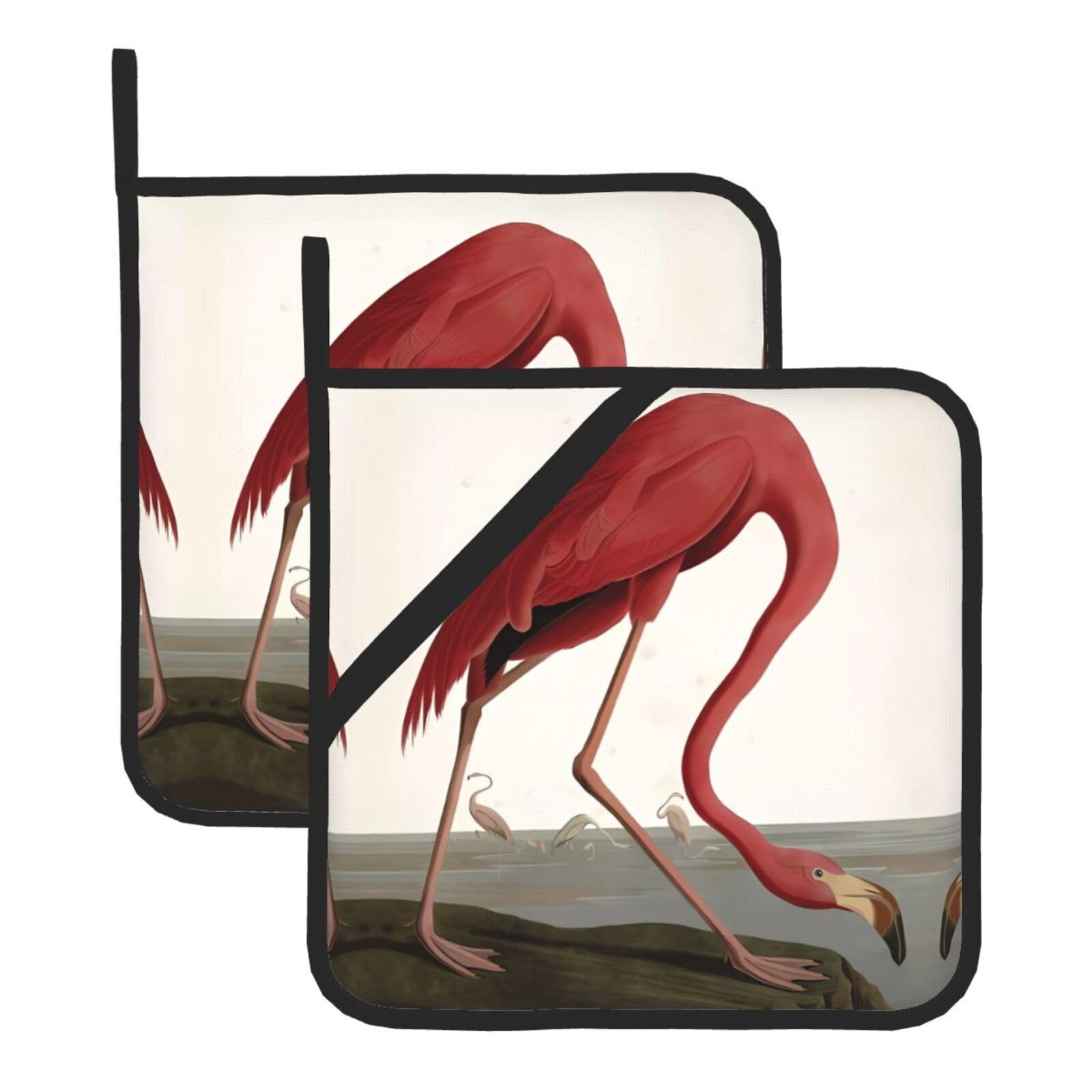 WHJSHOP American Flamingo Prints Square Hot Pads for Kitchen - Waterproof Pot Covers with Hanging Loops - Thick Heat Resistant Trivets for Serving & BBQ, 2-Piece Set