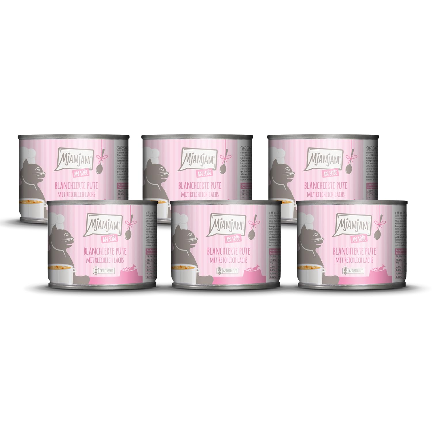 MjAMjAM - Premium Nassfutter für Katzen - blanchierte Pute mit reichlich Lachs an Soße, 6er Pack (6 x 185 g), getreidefrei mit extra viel Fleisch