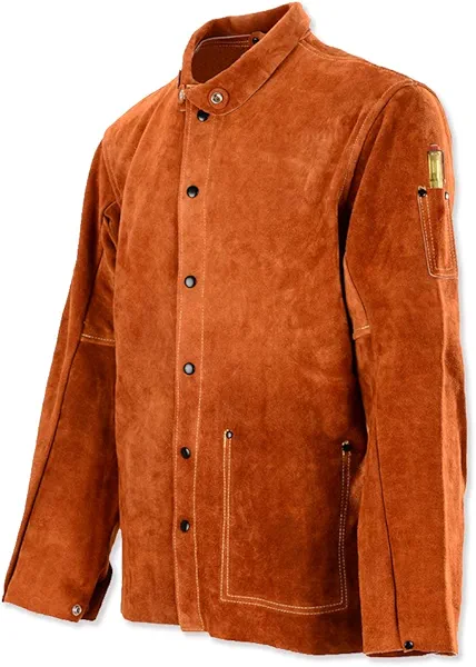 QeeLink Leather Welding Jacket - Flame-Resistant Heavy Duty Work Welder Jackets - Split Cowhide Welding Coat for Men Women