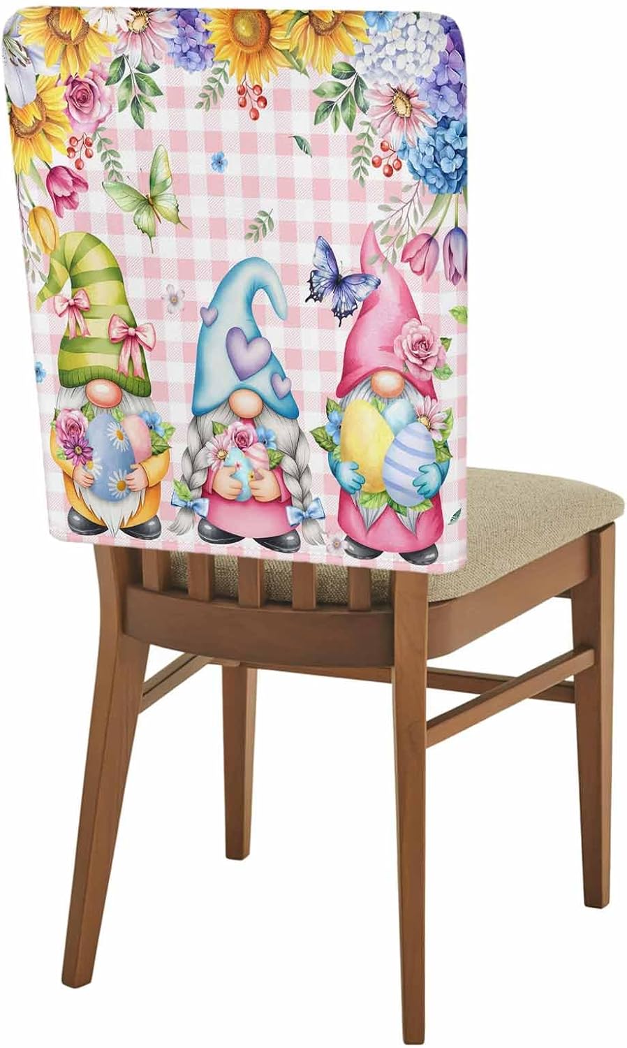 Dining Room Chair Back Covers-Set of 6 Spring Country Gnome Pink Check Chair Slipcovers Washable Removable Furniture Seat Protector for Home Kitchen Decor,Easter Egg Butterfly Flower