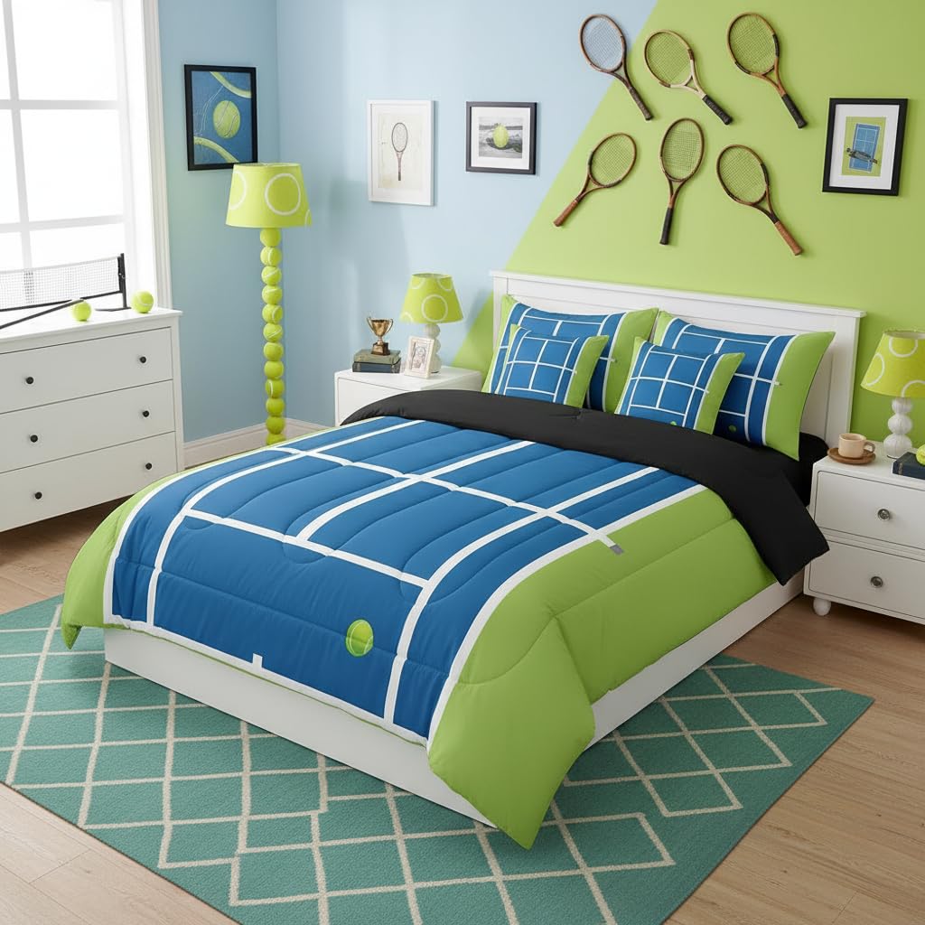 Drap court de tennis américain et parure géométrique pour chambre d'ado