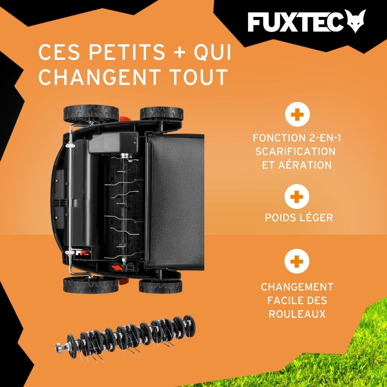Scarificateur électrique FUXTEC, aérateur de gazon avec 1300 watts de puissance, largeur de travail 32 cm et réglages de profondeur de -12 à +10 mm, bac de ramassage 40 L
