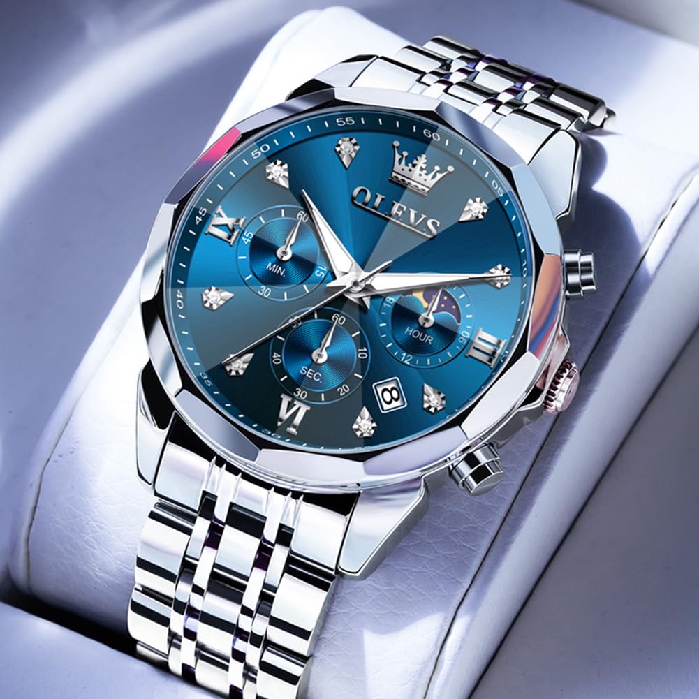 OLEVS Männer Uhr Quarz Luxus Business Uhren Multifunktion Chronograph Mondphase wasserdicht Leuchtend Edelstahl Armbanduhr