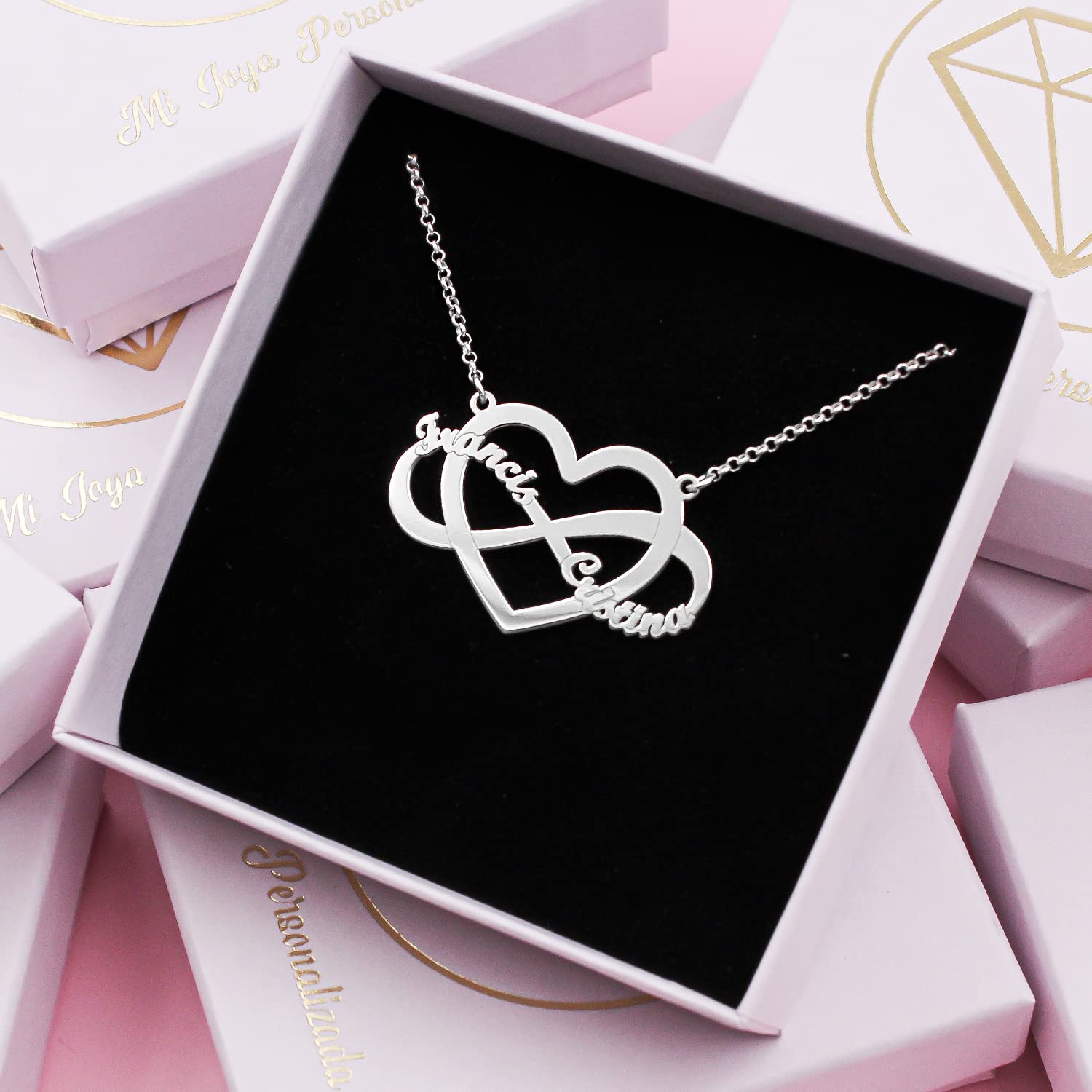 Collar Infinito Personalizado con Nombres - Colgante Corazón Plata de Ley Mujer - Regalo Ideal Novia Amiga Pareja Madre