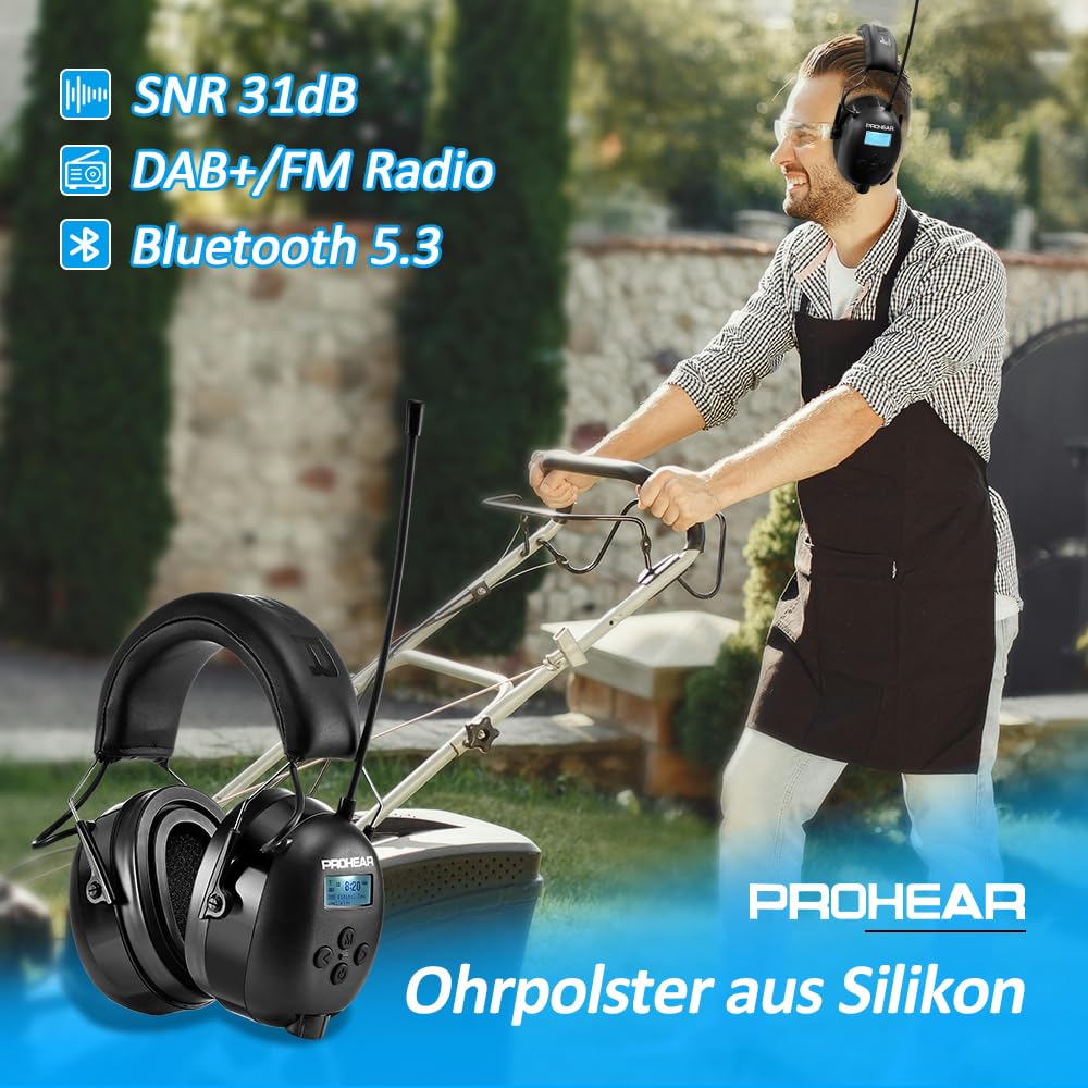 PROHEAR 033A (actualizado) Protección auditiva con radio DAB +/Bluetooth/FM, auriculares con radio con micrófono incorporado y reducción de ruido