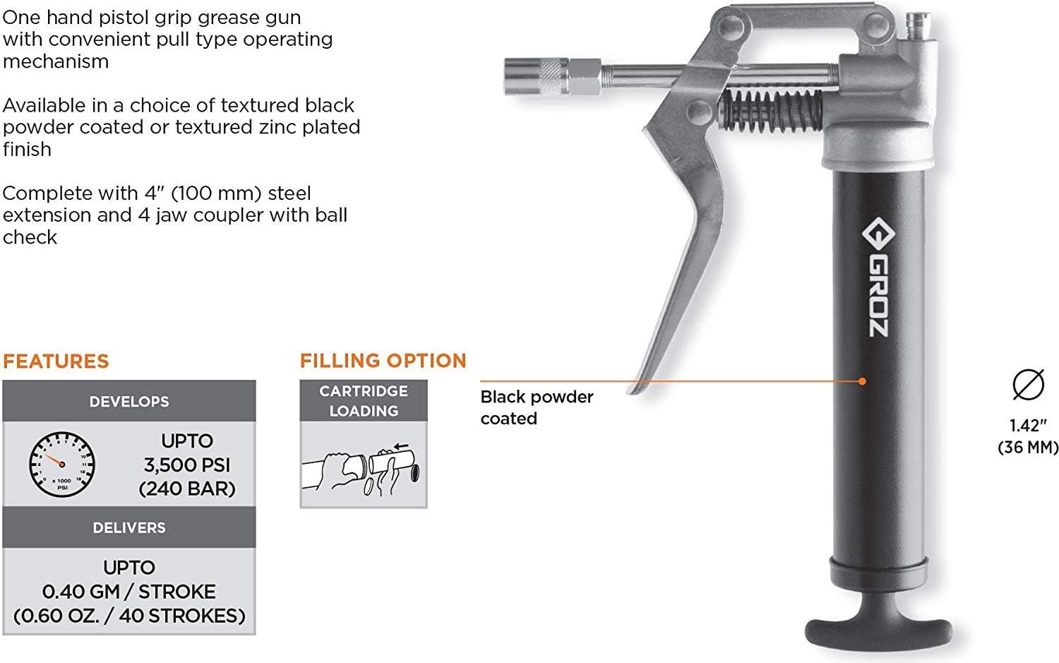 PROLUBE Mini Pistol Grip Grease Gun | 3-Ounce Capacity | 3,500 PSI | 4-inch Steel Extension & Coupler | Powder Coated Finish | 1/8” NPT Threads (43252)