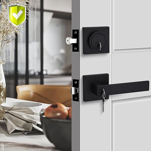 Miniatura 2 de Haidms Juego de cerradura de puerta exterior negra con cerrojo, manija de puerta delantera y cerrojo de seguridad, cerraduras de puerta de entrada,
