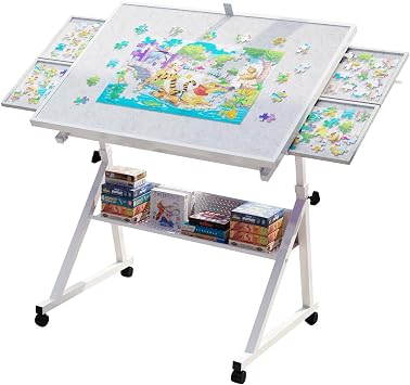 Jigsaw Puzzle Table 1500pcs, Height and Angle Adjustable Puzzle Board with 4 Felt Storage Drawers and Wooden Desktop Protective Cover, Puzzle Tables for Adults with Drawers and Wheels White