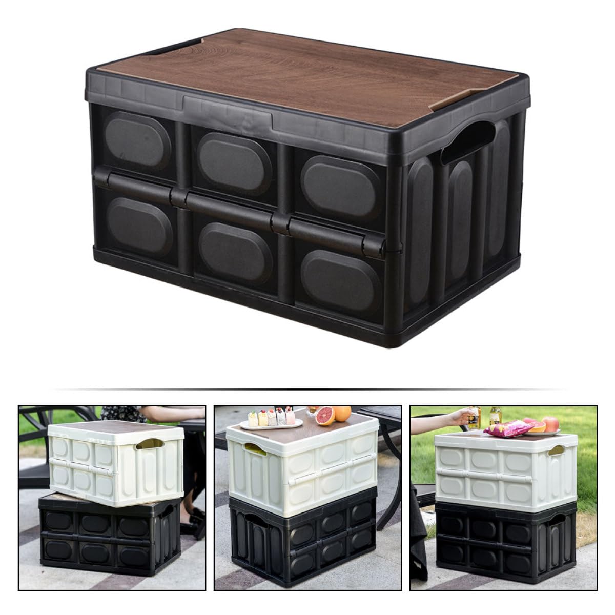 Kofferraum Organizer Faltbare Aufbewahrungsbox mit Holzdeckel Robuste Kunststoffbox 30l Volumen Multifunktionale Aufbewahrungsorganizer mit Fächern für Fahrzeug und Picknick