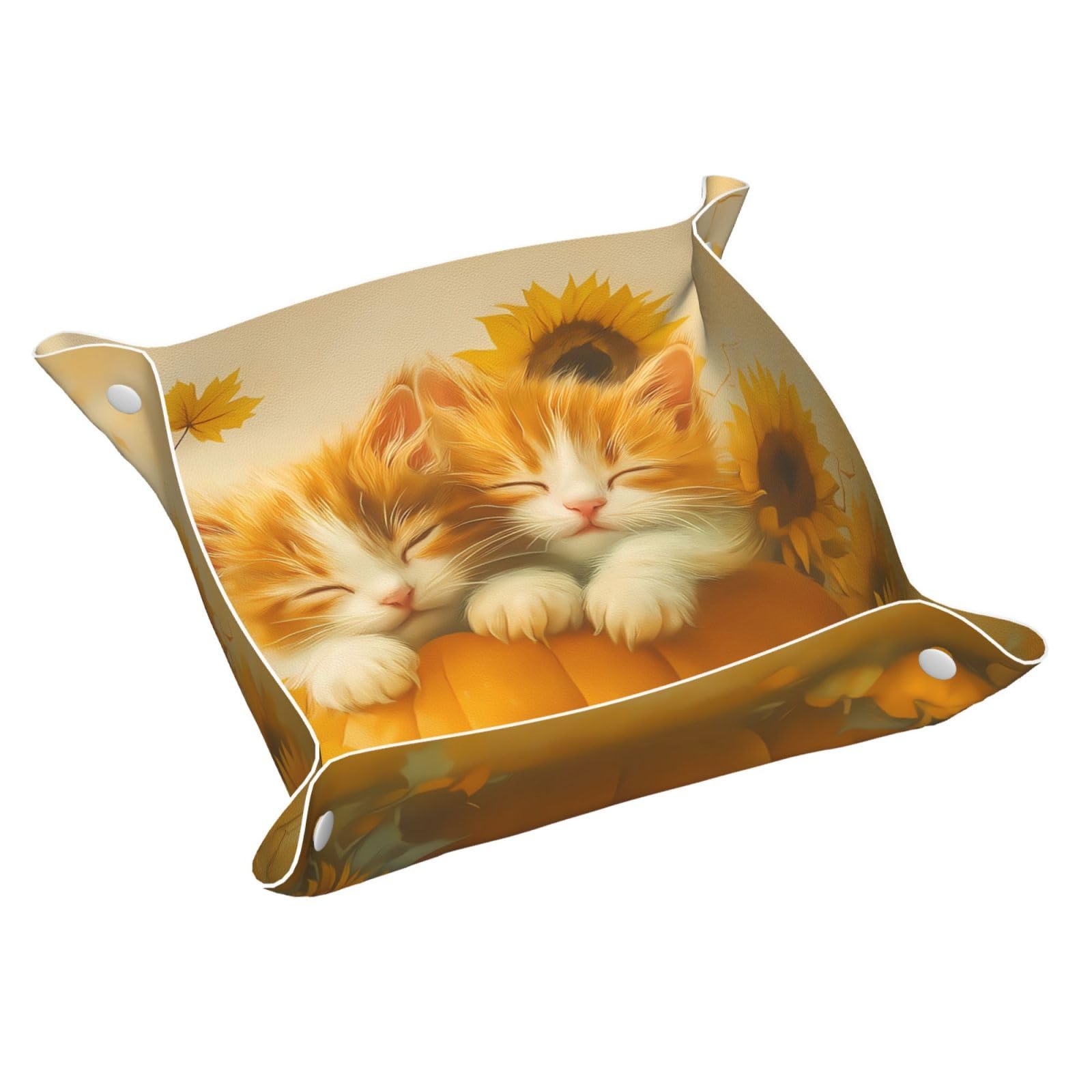 HLBSDM Lovely Fall Cats Pumpkin Sunflower Tray Men's Leather Valet Parking Portable Entrance Trays Bedside Storage Box