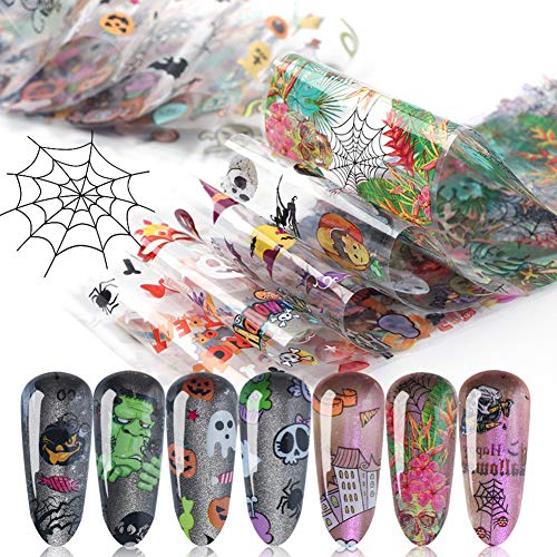 Halloween Nail Foil Transfers Stickers Day of The Dead 10 Sheets Pumpkin Spider Skull Ghost Witch Nail Decals Designs Nail Foils for Women Manicure Tips Wraps Nail Art Decorations Halloween Party