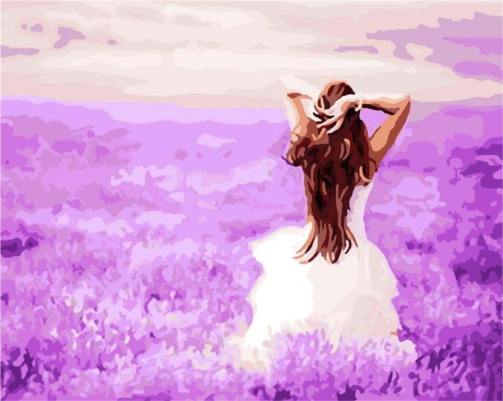 Amiiba DIY Paint by Numbers Kits, Girl in Lavender Field 16x20 inch Acrylic Painting by Number Wall Art Crafts (Girl, Without Frame)
