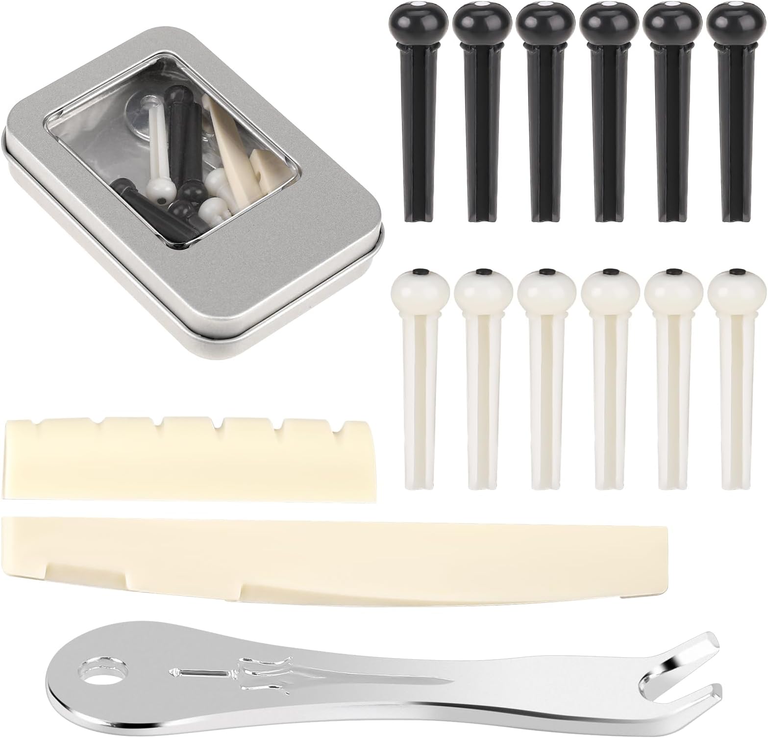 12 Pieces Guitar String Pins Replacement Parts Acoustic Guitar Bridge Pins with 2 Pcs Bridge Saddle Nut and Pin Puller Remover Kits Tools