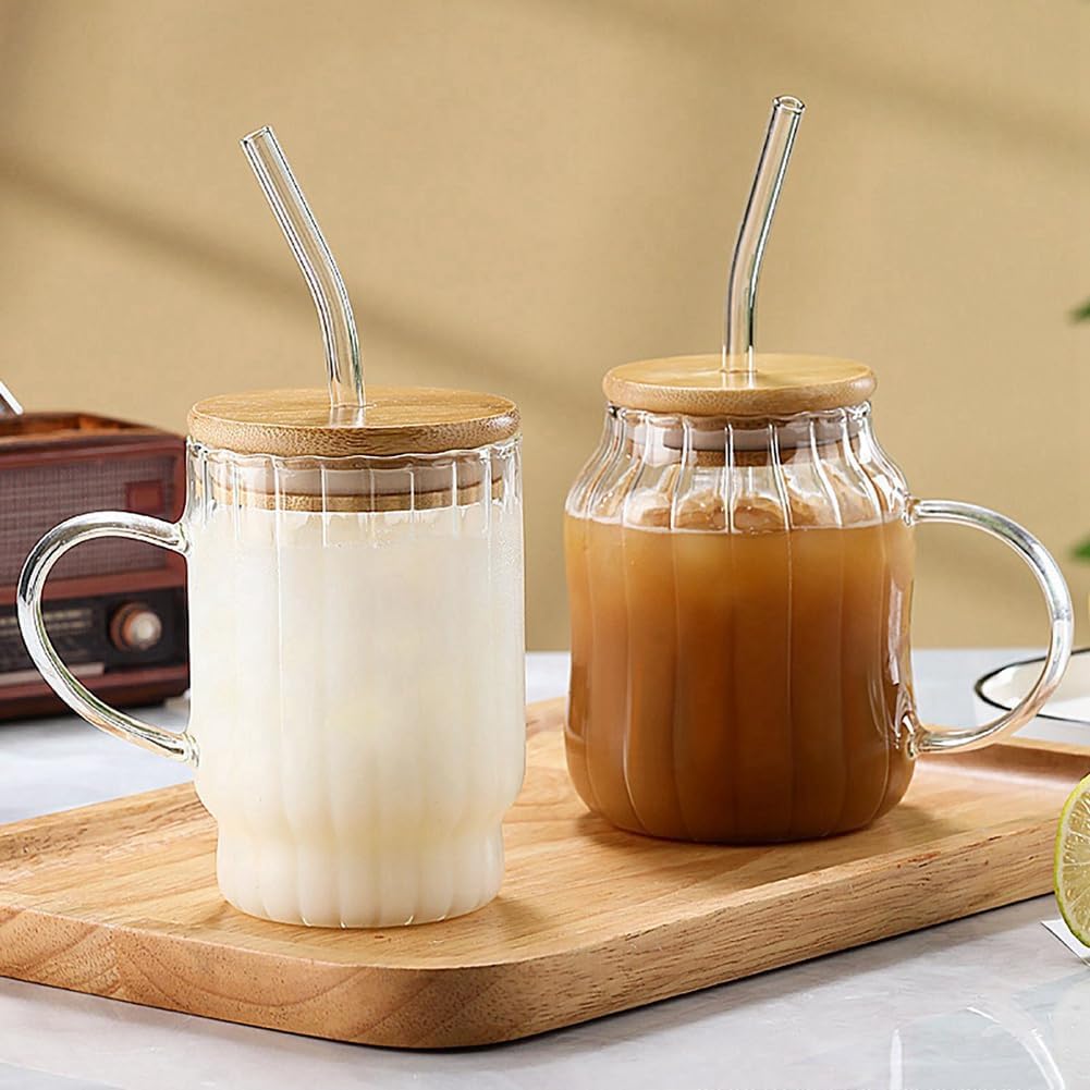 JOYWU Ribbed Glass Cups with Lids and Straws,2 Set 450ml Glass Tumbler with Straws,Lids and Handles,Vintage Drinking Glasses,Ripple Iced Coffee Cup,Creative Glass Cups,Cute Tumbler Cup — image 1