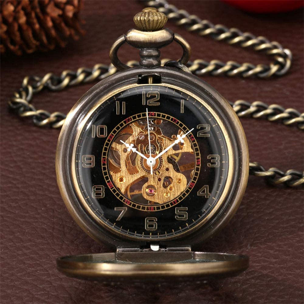 Taschenuhr, bronzefarbene, Hohle, mechanische Taschenuhr mit Handaufzug, antike Taschenuhr, Klassische, antike Taschenuhr mit Anhängerkette