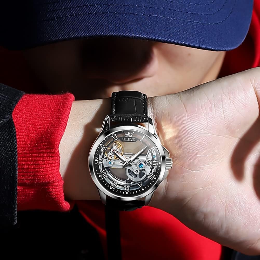 OLEVS Unique Skeleton Automatic Watches for Mens Black Brown Leather Strap Wrist Watches Fashion Luxury Dress Mechanical Male Watch Luminous Waterproof - Image 4