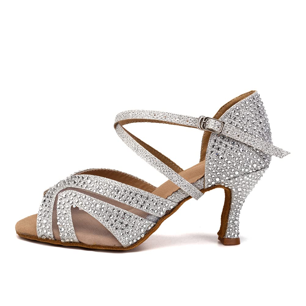 DKZSYIM Women Rhinestone Latin Ballroom Dance Shoes Bachata Salsa Practice Performance Dance Shoes,Model QJW1025