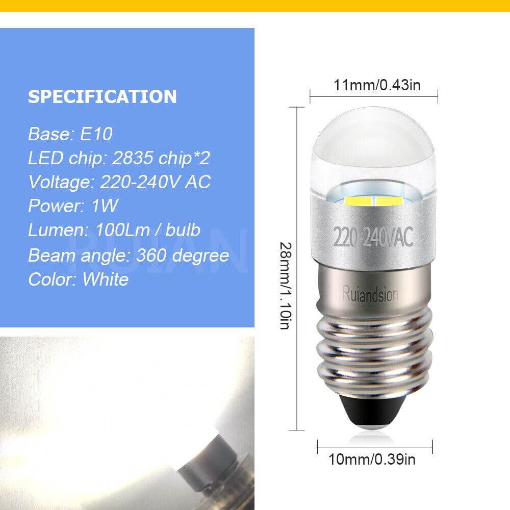 Ruiandsion Lampadina LED E10 220V 230V AC a risparmio energetico, luce indicatore, base a vite 8mm, chipset LED 3030 4SMD, lampadina di upgrade, giallo (confezione da 10 pezzi