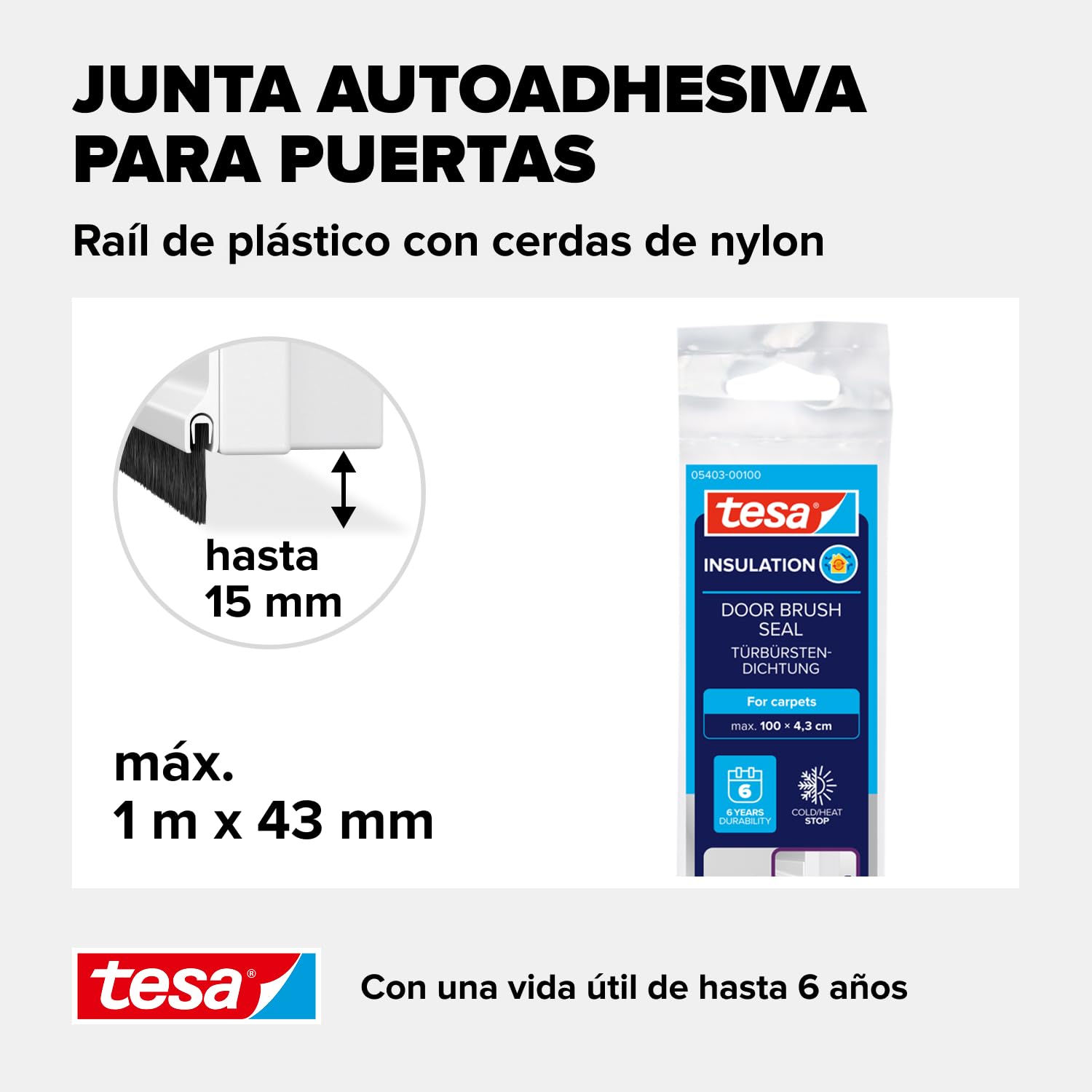 Barra bajo puerta de PVC cepillo para moquetas tesamoll, 1 m x 43 mm, color blanco