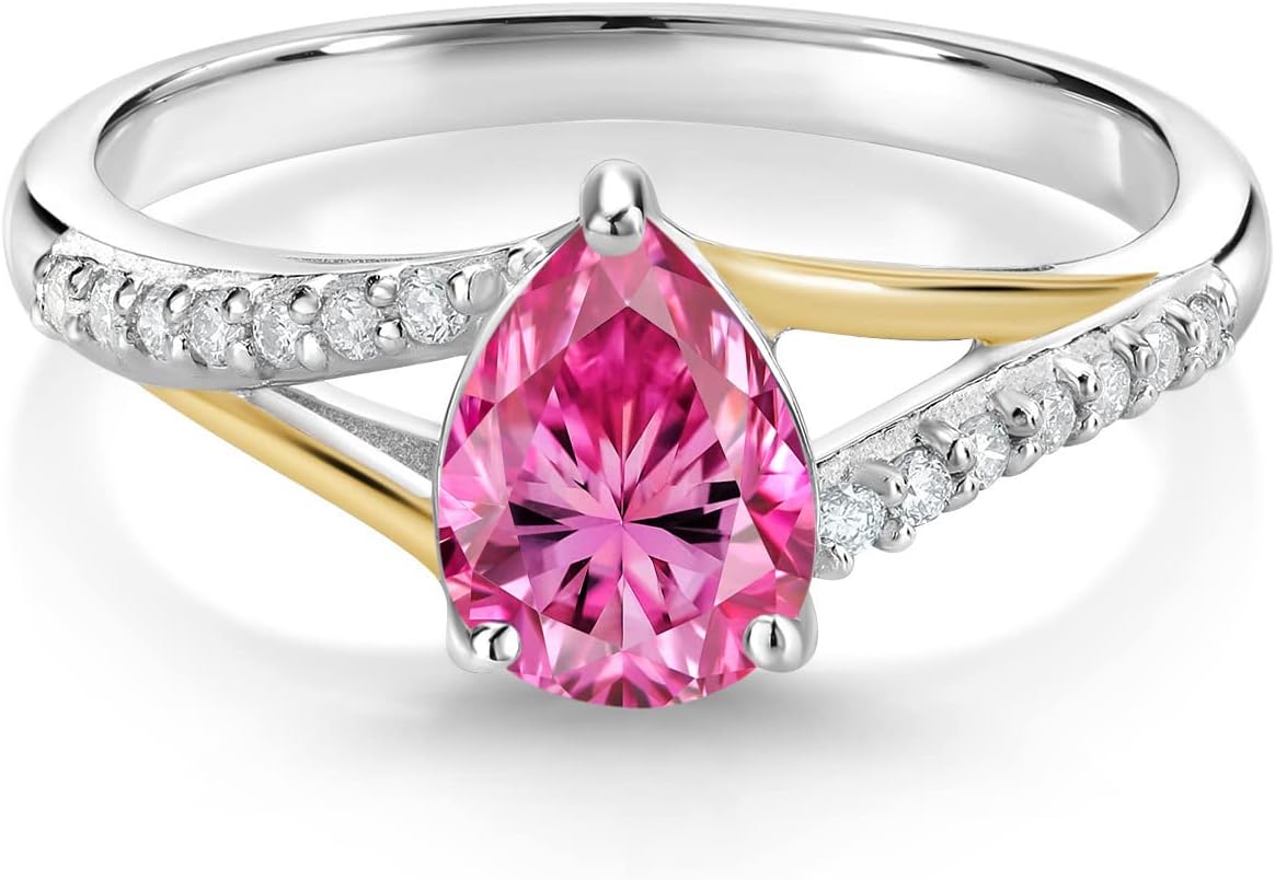 Gem Stone King 925 Silver and 10K Yellow Gold 8X6MM Pear Shape Gemstone Birthstone and White Lab Grown Diamond Engagement Ring For Women | Available In Size 5, 6, 7, 8, 9