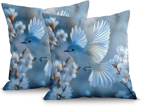 Throw Pillow Covers 14"x14",Soft Square Cushion Covers with Invisible Zipper,Hard-wearing Polyester Pillow Case for Sofa Living Room Bedroom Home Pack of 2 Cover Only,Blue Bird White Blossom