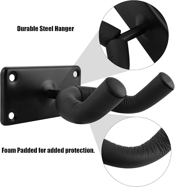 Yuechenggui 2 Pack Guitar Holder - Wall Mount Guitar Hanger, Display Bracket Hooks for Electric, Classical, Acoustic, Bass, Ukulele, Mandolin, Banjo - Black (Rectangle)