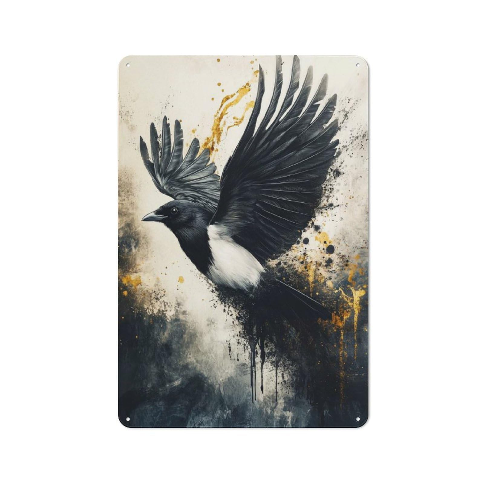 Classic Magpie in Flight with Golden Accents Metal Wall Art Sign 30x20cm, Vintage Wall Decor for Lounge, Study, Pub Or Wall Gallery