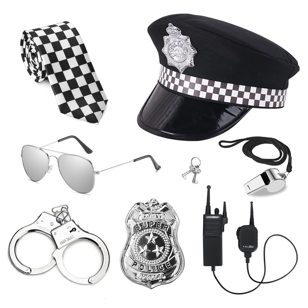 CLIUNT Adult Police Costume - Women's 6pc Set With Police Hat, Handcuffs, Badge, Glasses - Men's Accessories