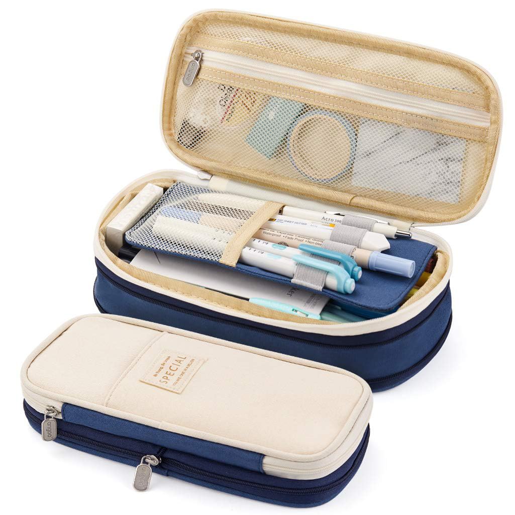 HASTHIP® Nylon Large Capacity Pencil Pouch, Durable Storage Multiple Compartment Double Zipper Portable Capacity Pencil Box for Kids College Student Teen, 22X11Cm (Navy Blue)