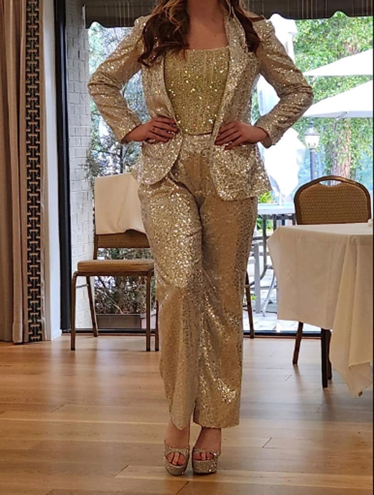 Ensemble de costume à paillettes pour femme - 2 pièces - Pour mariage, smoking, blazer, pantalon, bal de fin d'année, fête