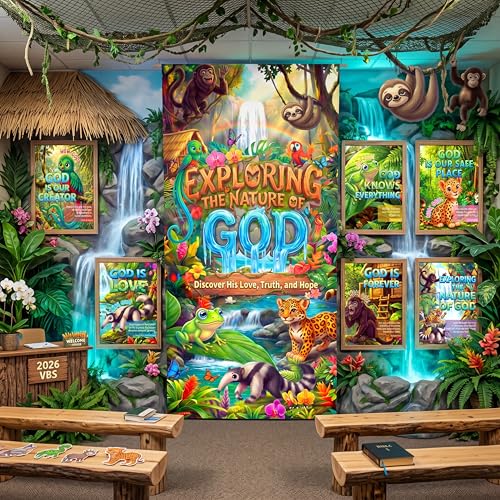 7 Pcs Vbs 2026 Decorations Backdrop Large Rainforest Falls Door Cover 6 Bible Posters Vbs Exploring the Nature God Door Decor Rainforest Falls Decoration for Summer Vocation Church School Classroom