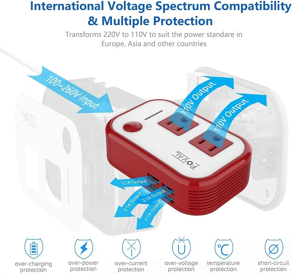 FOVAL Power Step Down 220V to 110V Voltage Converter with 4-Port USB International Power Travel Adapter in UK European Italy Asia More Than 150 Countries Over The World(Red) : Electronics