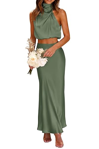 PRETTYGARDEN Women's 2 Piece Satin Outfits Summer Sleeveless Mock Neck