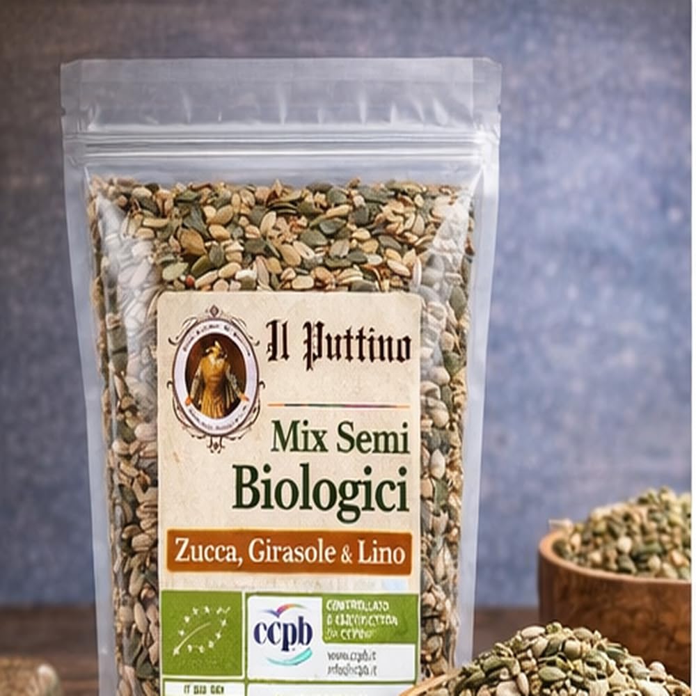Il Puttino Virelli - Mix Semi Premium Biologici 1 kg | Zucca, Girasole e Lino 100% CrudI • Senza Additivi • Ideali per Yogurt, Pane, Insalate o Snack. (1Kg, Semi di Zucca Biologici)