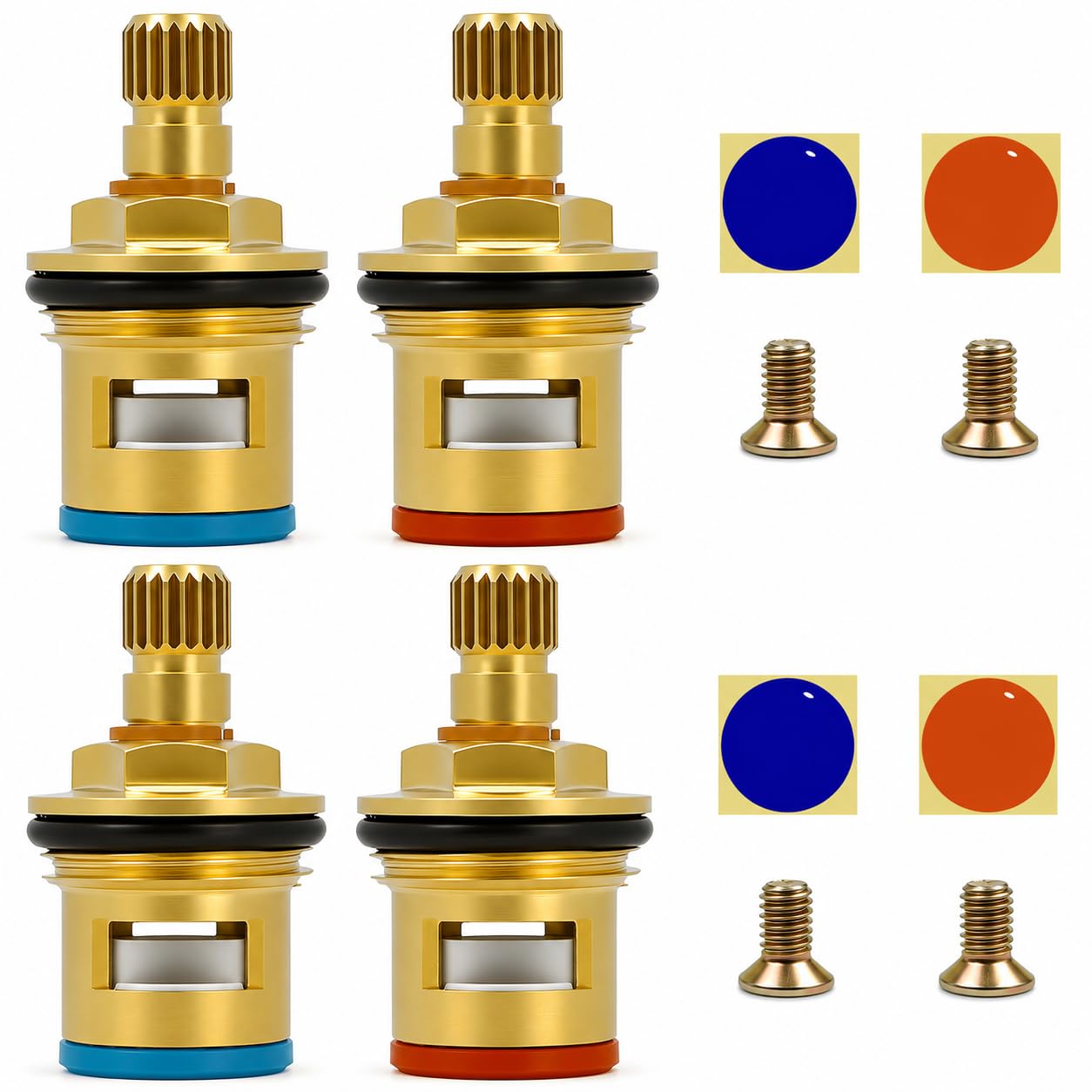 2 Pairs Mixer Tap Cartridge 1/4 Turn 20 Spline Brass Replacement with Washers for Mixer Taps, Ceramic Tap Cartridge Replacement Hot & Cold Water, Tap Inserts for Bathroom and Kitchen Faucets