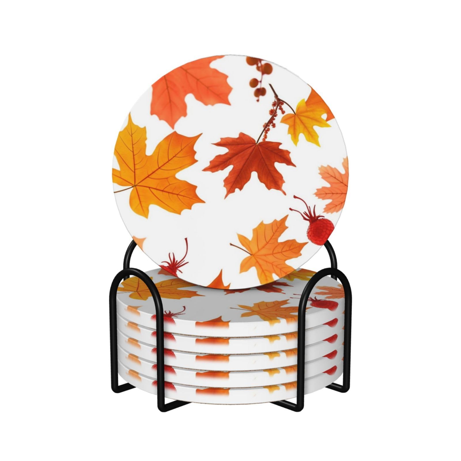 Set Di 4 Sottobicchieri Autunnali In Ceramica A Forma Di Zucca Con Fiocco E Foglie D'Acero, Assorbenti Con Base In Sughero - 2