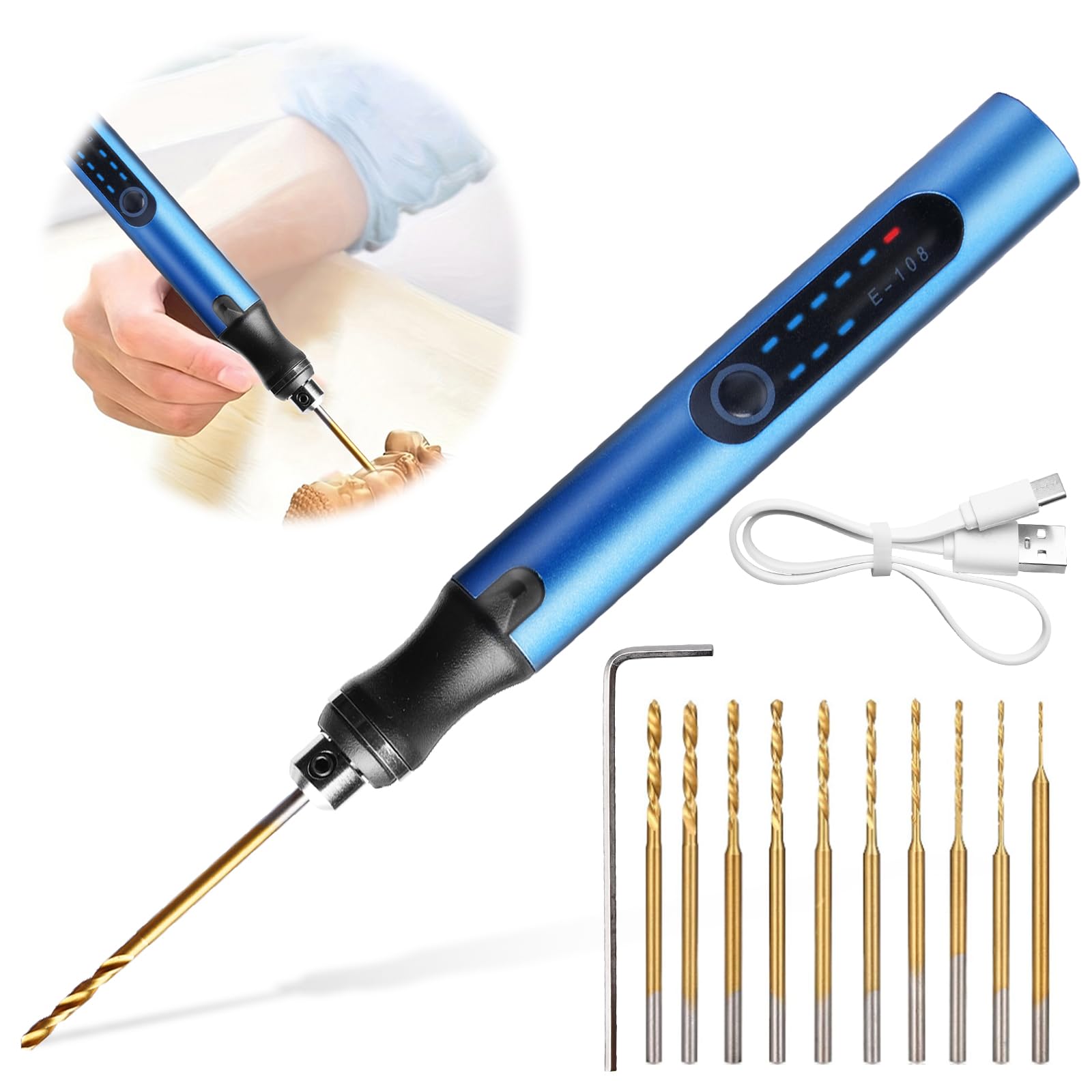 Sporgo Mini taladro eléctrico recargable de 3 velocidades con 10 brocas y broca para hacer joyas de resina de madera, placa de circuito impreso
