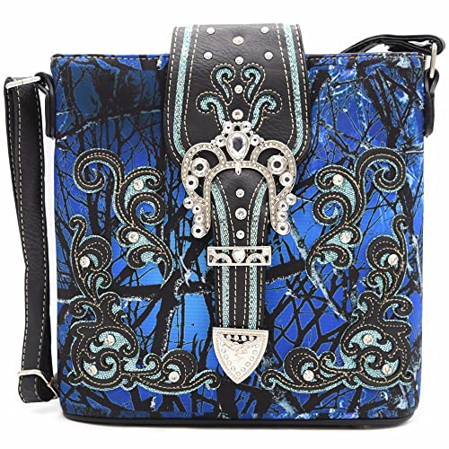 Camouflage Buckle Western Handbag Concealed Carry Purse Women Shoulder Bag Crossbody Wallet Set Blue3